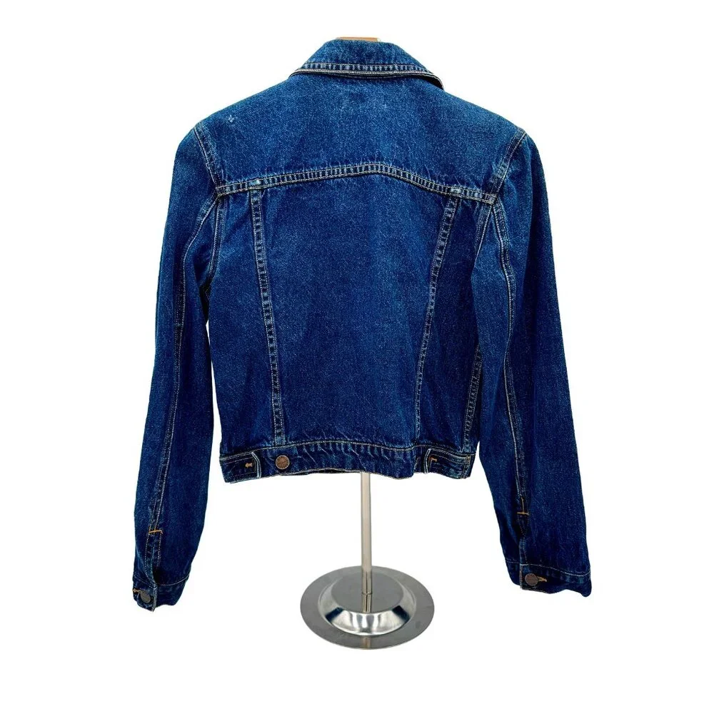 Free People Denim Jacket Lace Side Panel Medium Wash Cropped‎ Trucker Blue